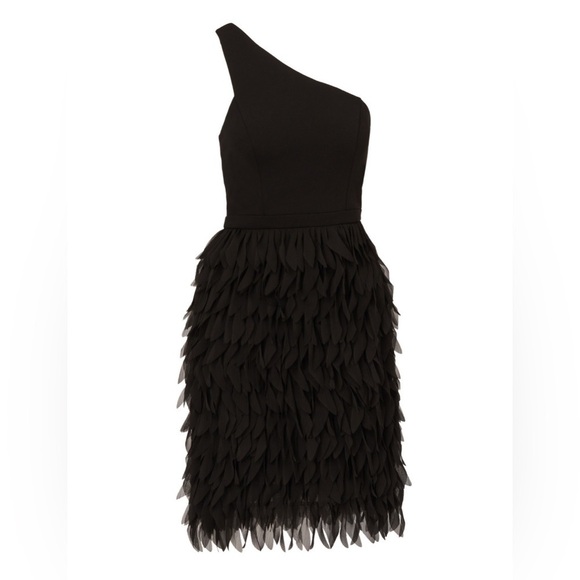 NWT Adrianna Papell Black Chiffon Feather Cocktail Dress One Shoulder Sz 6 - Picture 3 of 14